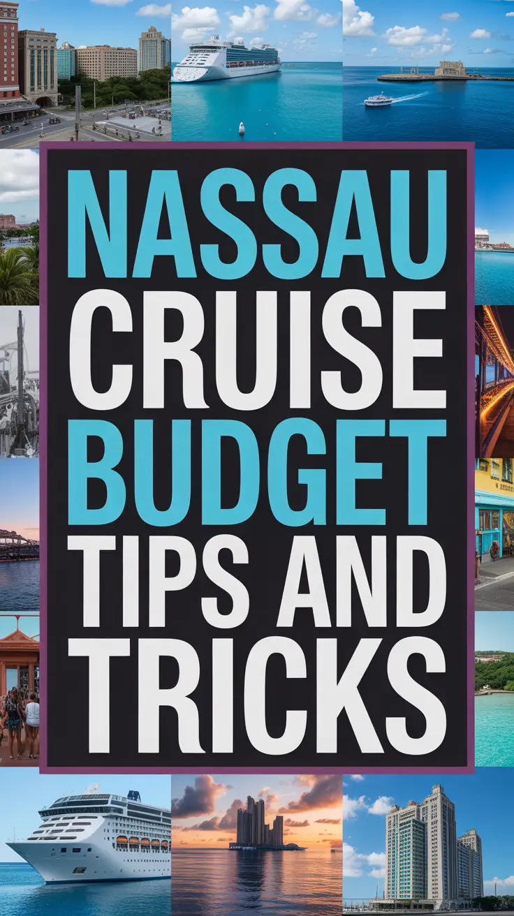 Bold white text reading “Nassau Cruise Budget Tips and Tricks” in a dark box over a vibrant collage of travel-themed images.
