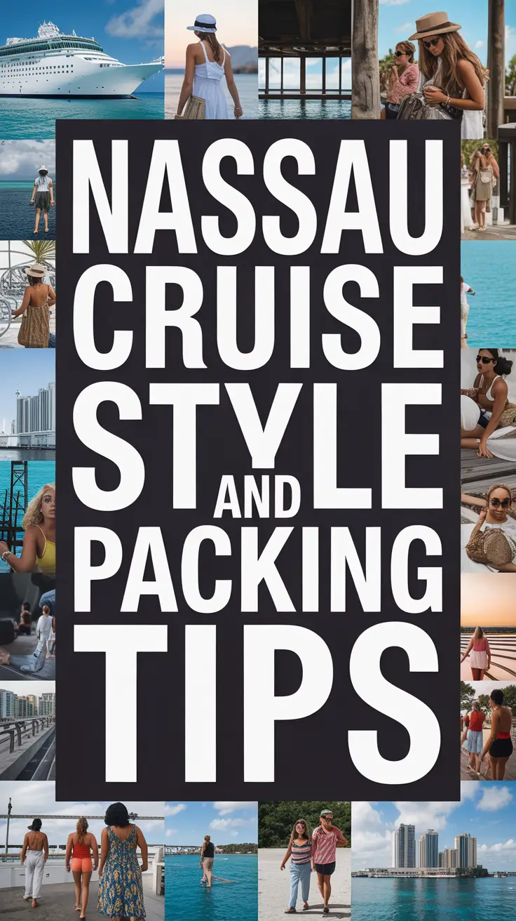 Bold white text reading “Nassau Cruise Style and Packing Tips” stands out in a dark box, surrounded by a vibrant collage of realistic travel imagery.