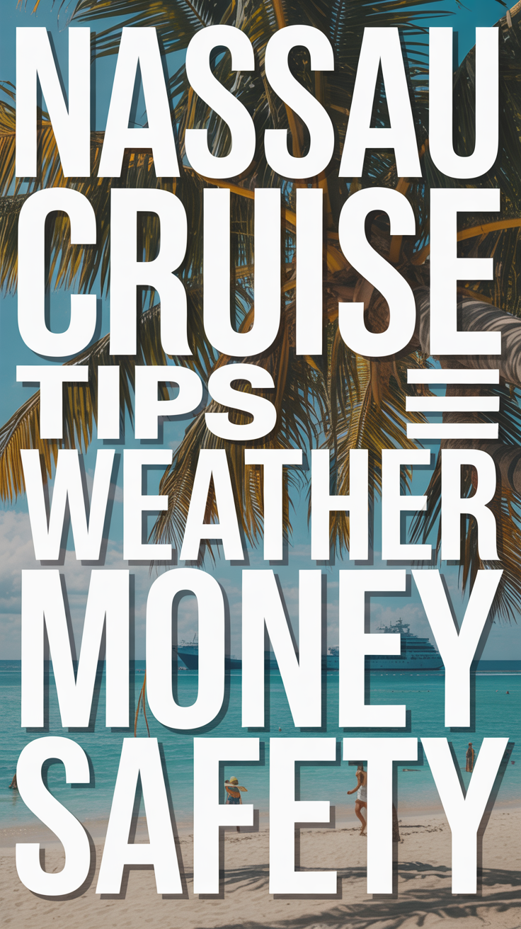 Bold white text in a dark box reads "Nassau Cruise Tips Weather Money Safety," surrounded by a vibrant collage of travel-themed images.