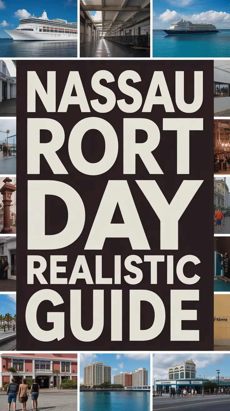 Bold white text reading "Nassau Port Day Realistic Guide" stands out in a dark box over a vibrant photo collage in a realistic style.