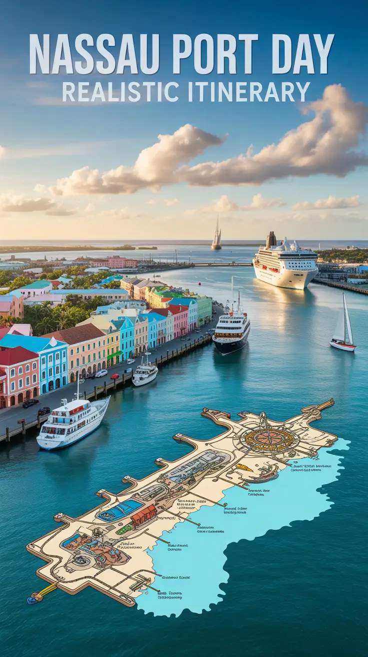 A vibrant travel poster featuring Nassau's harbor with colonial buildings, cruise ships, a detailed port map, and sunlight highlighting turquoise waters for an inviting, adventurous feel.
