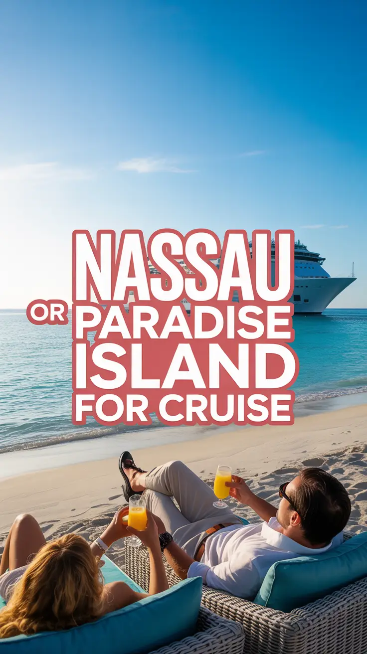 A stylish couple relaxes with tropical drinks on a white sand beach under a sunny sky, with a luxury cruise ship in the distance and bold text promoting cruises to Nassau and Paradise Island.