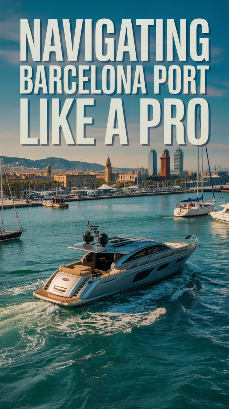 A sleek modern yacht sails through turquoise waters at Barcelona Port with a vibrant city skyline and historic harbor in the sunlit background.