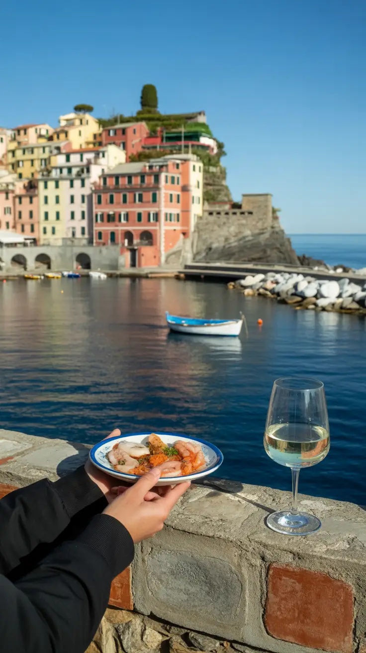 A photo of a cruise ship docked near the cliffs of Cinque Terre, Italy, with colorful hillside buildings in the background and a foreground basket featuring fresh fish, tomatoes, and olives, representing Cinque Terre cuisine.