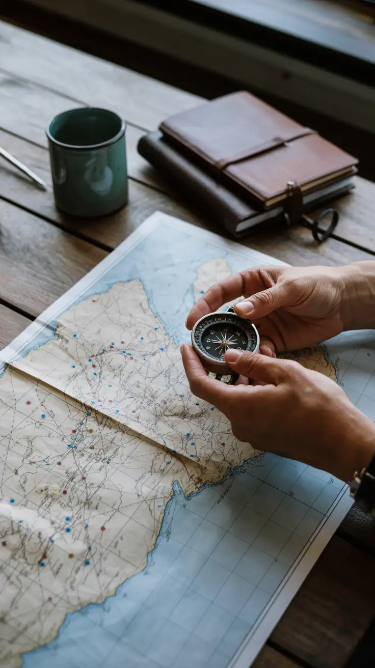 A weathered nautical map spread across a wooden table, marked with colorful pins and routes; a pair of hands holding a compass above the map, mid-measurement; a closed leather-bound notebook beside a steaming mug, suggesting preparation and focus.
