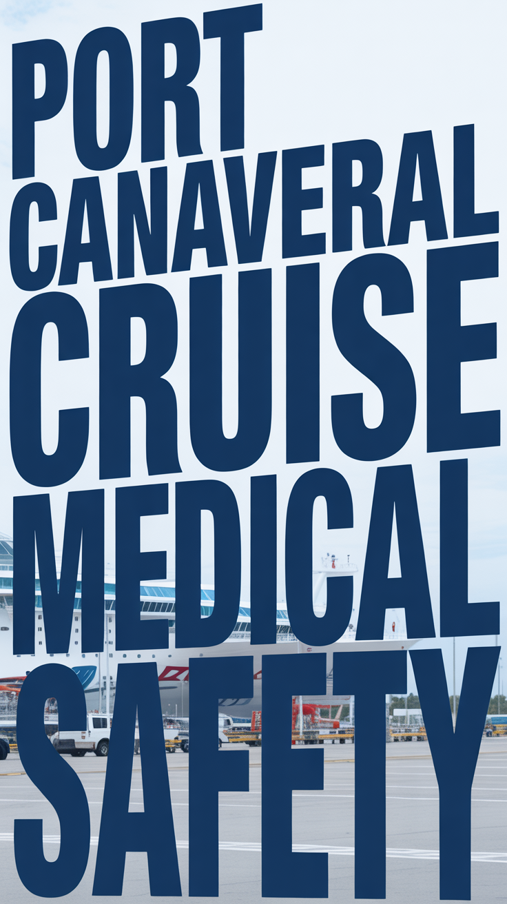Stark industrial sign design for Port Canaveral featuring bold diagonal text on a blurred cruise terminal background in deep blue, gray, and white.