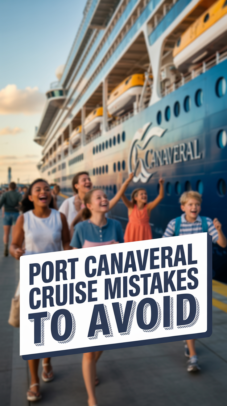 Cinematic lifestyle image of families boarding a cruise ship at Port Canaveral, with warm lighting, soft focus, and bold text highlighting cruise mistakes to avoid.