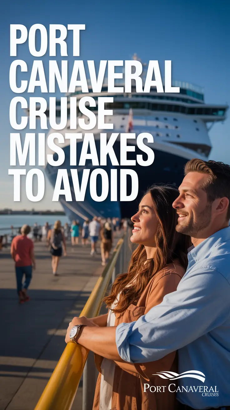 A vibrant lifestyle scene of a couple watching a cruise ship depart from Port Canaveral at golden hour, capturing the relaxing ease and anticipation of a cruise vacation.