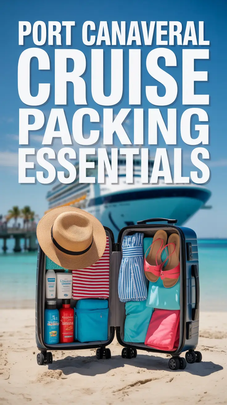 A realistic travel poster featuring a sunlit beach scene with an open suitcase packed with cruise essentials, set against a tropical backdrop and a cruise ship departing Port Canaveral.