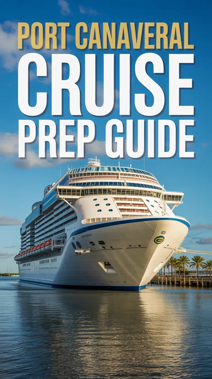 A vibrant travel poster of a sunny day at Port Canaveral featuring a gleaming cruise ship, palm trees, and bold “Port Canaveral Cruise Prep Guide” text.