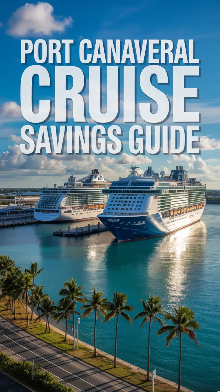 Travel poster with “Port Canaveral Cruise Savings Guide” over an aerial view of cruise ships, palm-lined coast, and turquoise waters under golden sunlight.
