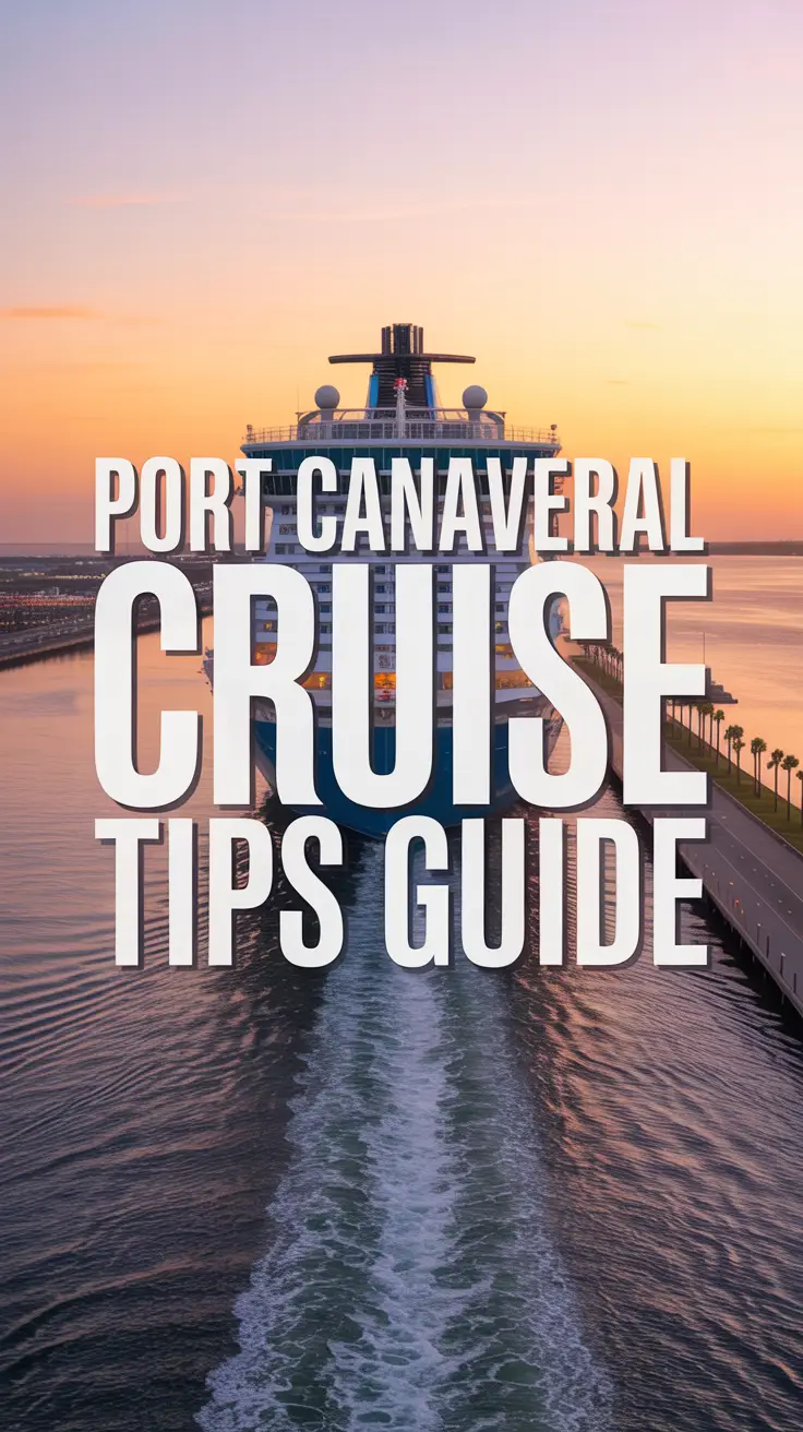 A vibrant travel poster featuring a large cruise ship departing Port Canaveral at sunset, with warm orange and purple hues, sparkling water, and silhouetted palm trees.