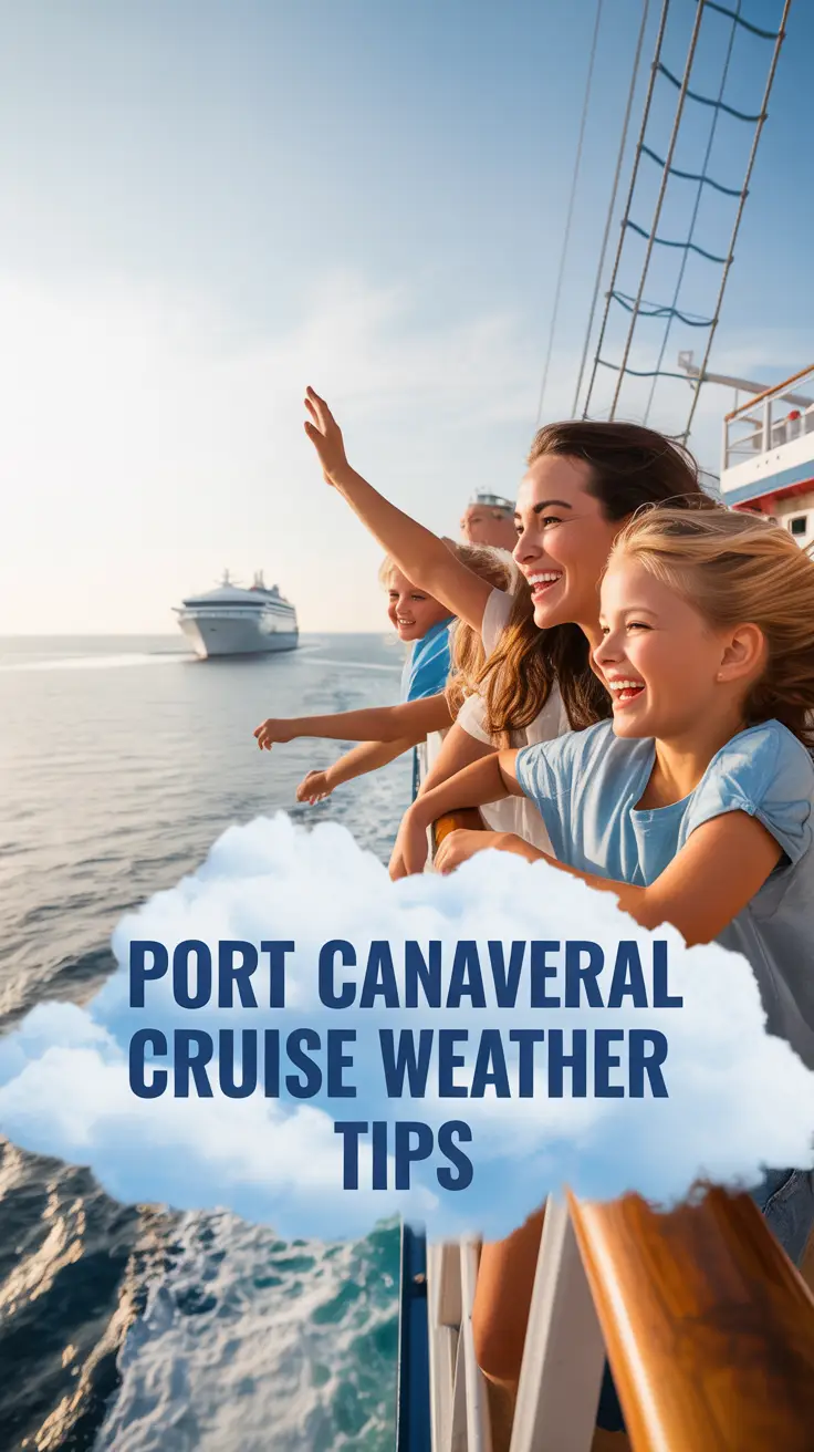 A family joyfully waves from a cruise ship at sunset near Port Canaveral, with warm lighting, gentle sea breeze, and animated clouds framing the text "Port Canaveral Cruise Weather Tips."