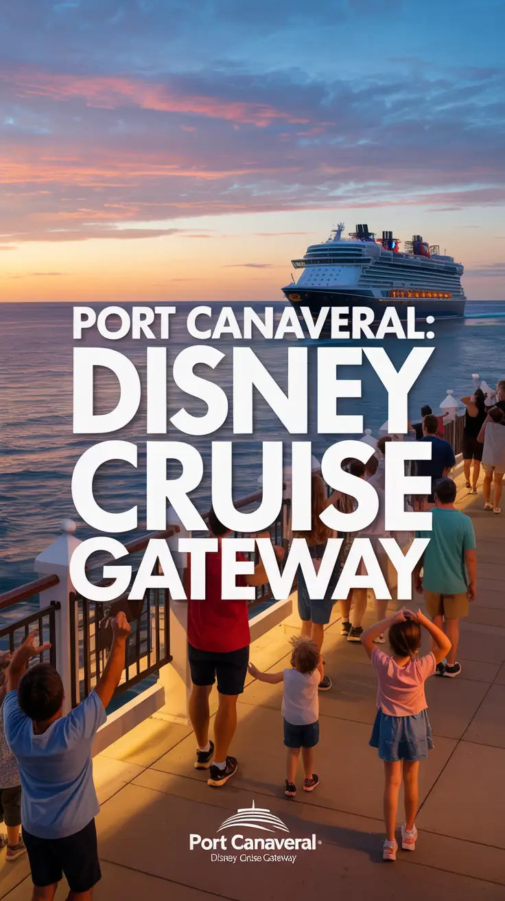 A vibrant sunset over the ocean frames a Disney cruise ship departing from a warmly lit boardwalk at Port Canaveral, where excited families anticipate their magical vacation.