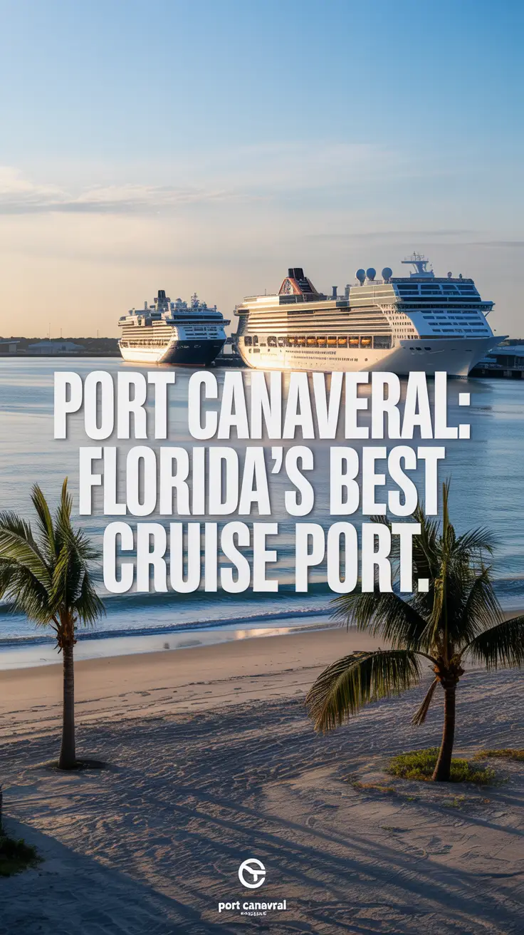 Panoramic sunset view of Port Canaveral with cruise ships, golden beach, palm trees, and bold promotional text highlighting it as Florida's top cruise port.