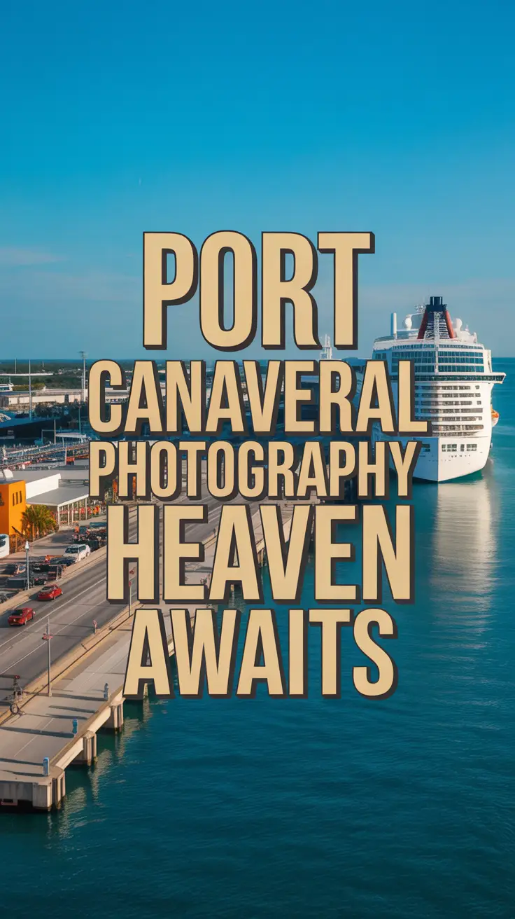A vibrant travel poster featuring cruise ships docked at Port Canaveral with blue waters, sunny skies, and bold text inviting photography enthusiasts.