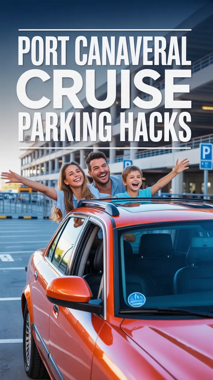 A family joyfully departs for a cruise from a modern Port Canaveral parking facility, with a brightly-colored car and clear signage emphasizing convenience and excitement.