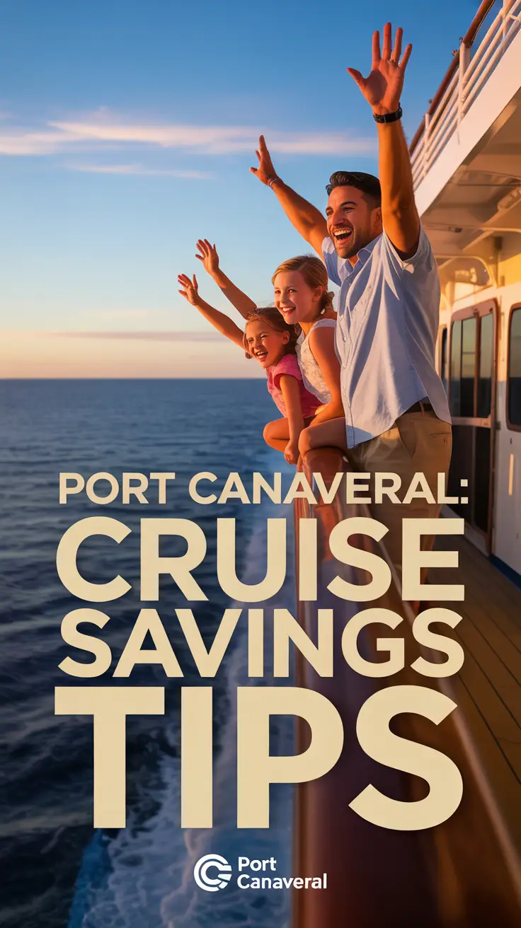 A family of four joyfully waves from a cruise ship deck at sunset, showcasing Port Canaveral cruise savings in a warm and vibrant travel scene.