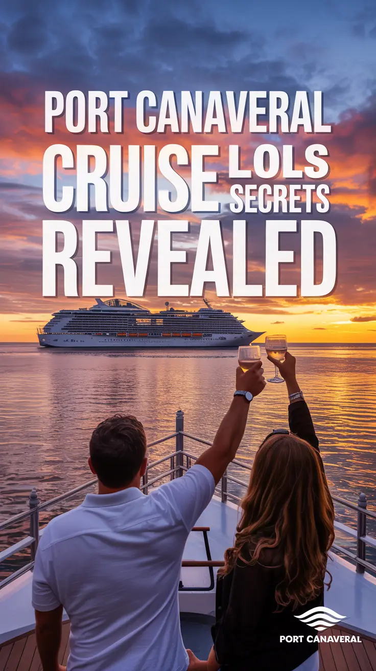 A dramatic lifestyle scene featuring a sunset over Port Canaveral with a cruise ship silhouette, a celebrating couple on a boat, and bold text revealing cruise secrets.