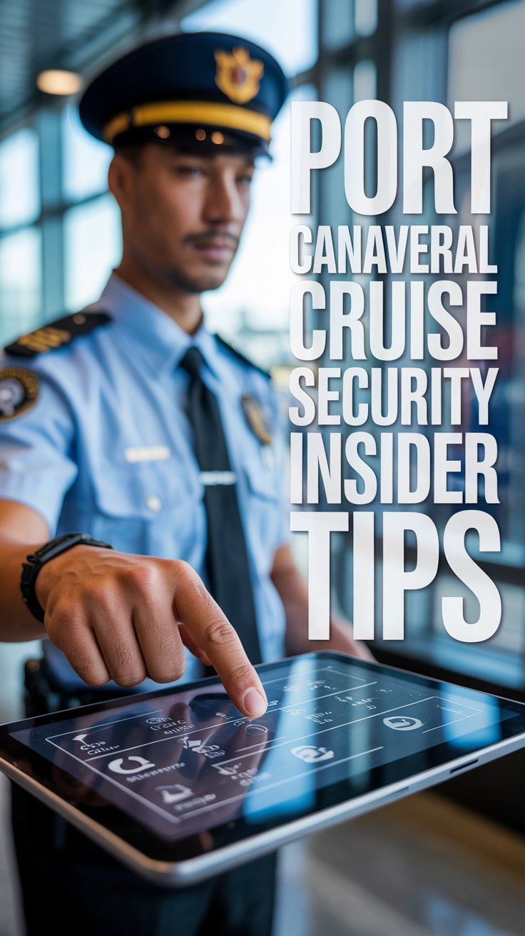 A sleek, realistic ad features a focused tablet showing cruise security tips at Port Canaveral with a blurred security guard behind and bold text overlay in a cool, professional color scheme.