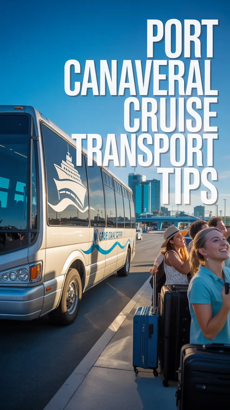 A sleek silver shuttle bus with blue accents and a cruise-themed logo is parked at Port Canaveral, surrounded by cheerful travelers and luggage under warm sunlight, promoting smooth cruise transport.