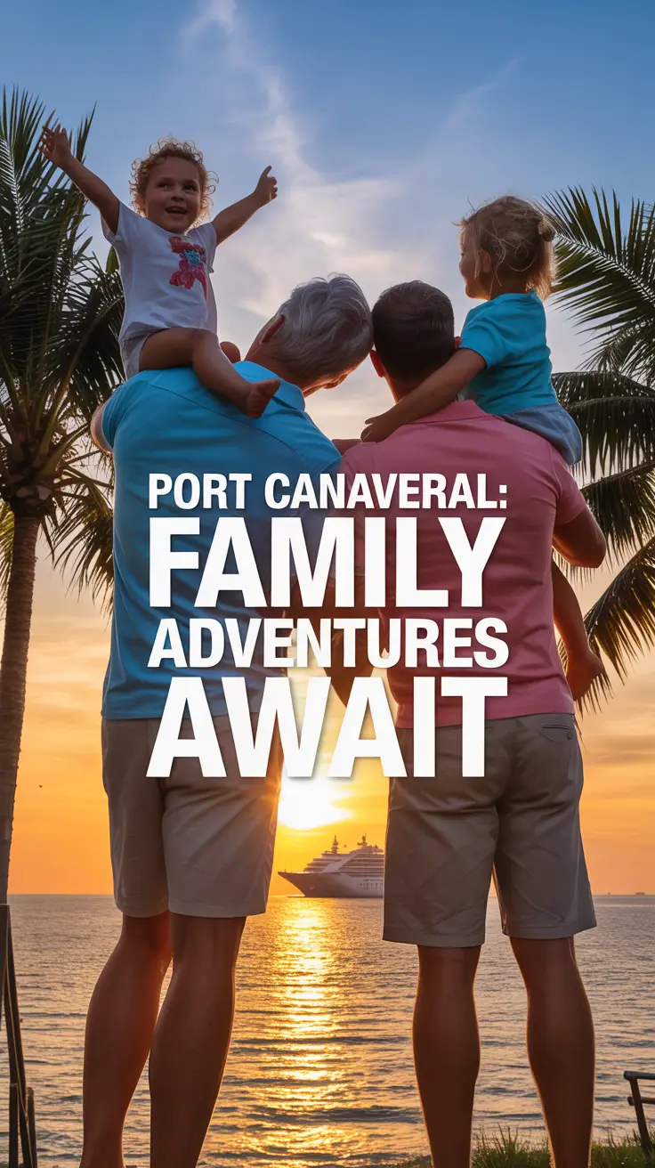 A multigenerational family enjoys a sunset at Port Canaveral with a cruise ship in the distance, framed by palm trees and golden ocean reflections.