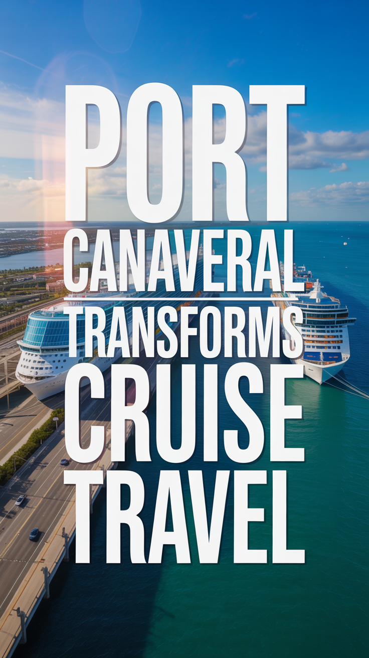 A vibrant travel poster of Port Canaveral’s sleek cruise terminal with docked cruise ships, a glowing sunset, and bold text promoting transformative travel.