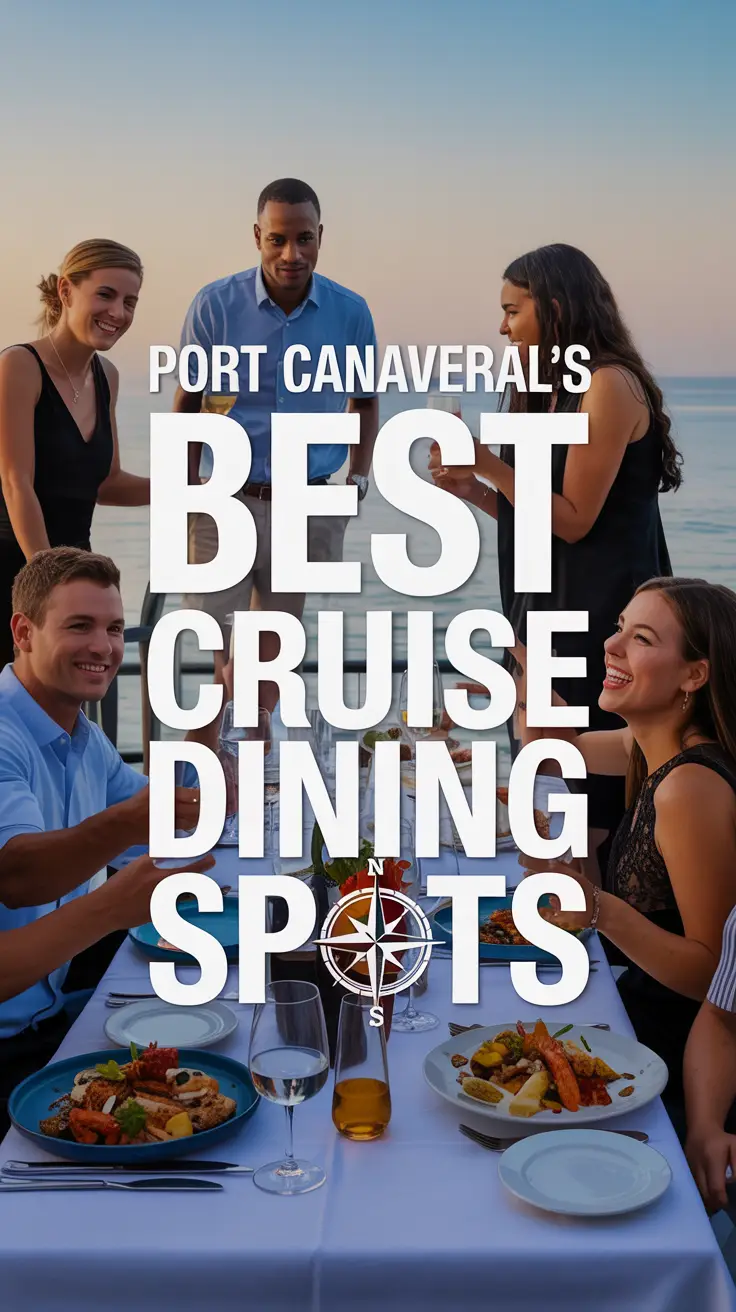 A diverse group of diners enjoy a celebratory seafood meal at a waterfront Port Canaveral restaurant during sunset, with elegant table settings and a scenic coastal backdrop.