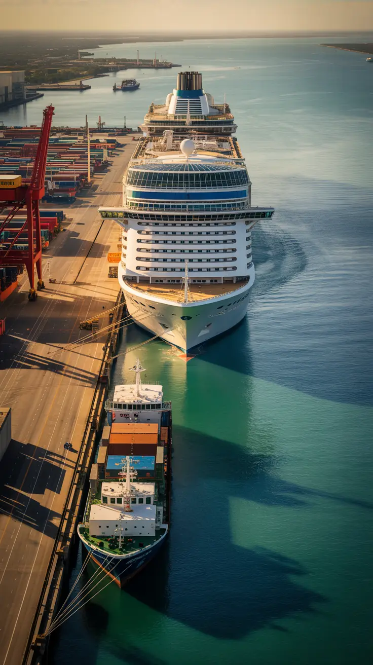A dramatic aerial view of Port Canaveral featuring a massive cruise ship casting a long shadow over a vibrant port filled with cargo ships, smaller boats, and bustling facilities at golden hour.