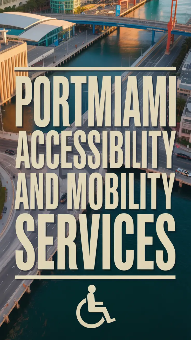 Vibrant modern graphic poster of PortMiami highlighting accessibility and mobility services with bold central text, aerial harbor view, warm lighting, and subtle wheelchair user silhouette.
