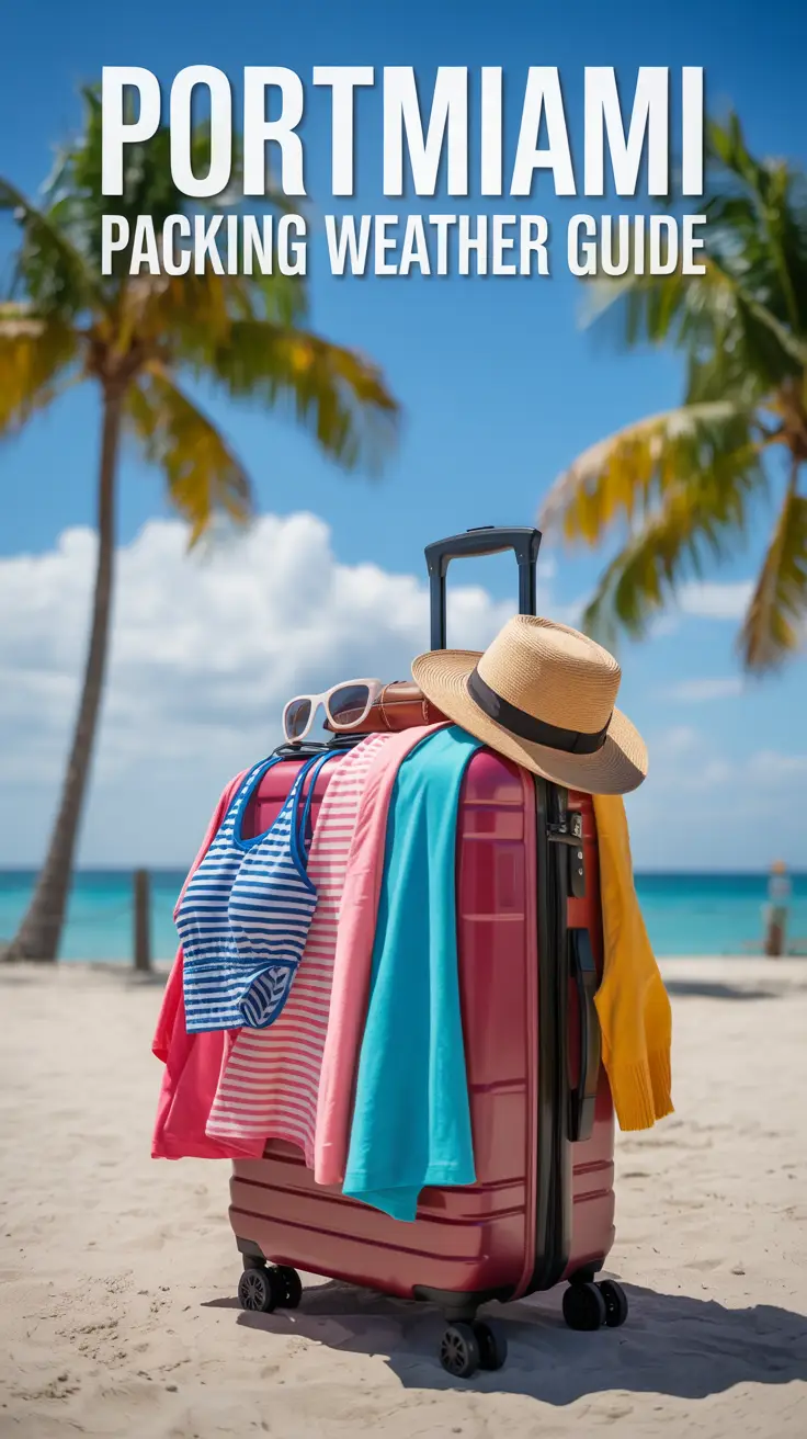 A brightly colored suitcase overflowing with summer clothing sits on a sunny Miami beach with palm trees and a clear blue sky in the background.