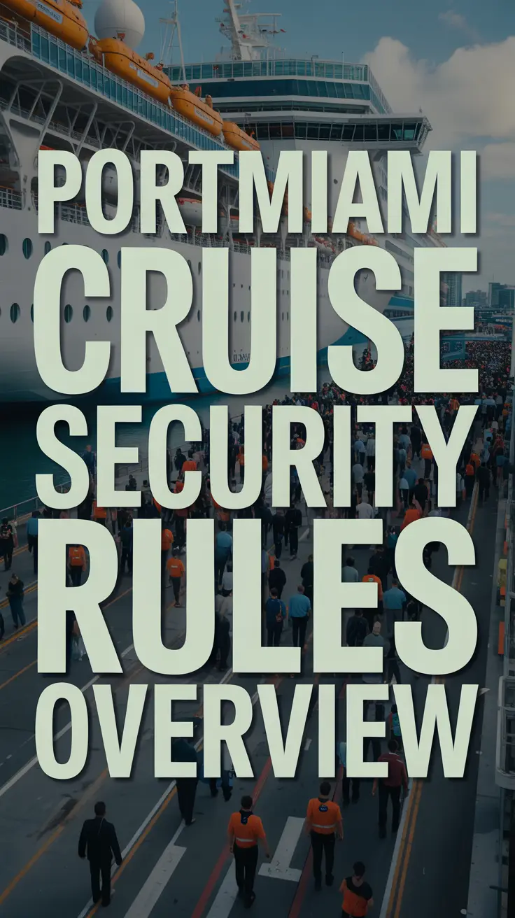 A modern corporate-style poster showing PortMiami cruise security rules over a blurred cruise terminal with passengers and security personnel, emphasizing safety and efficiency.