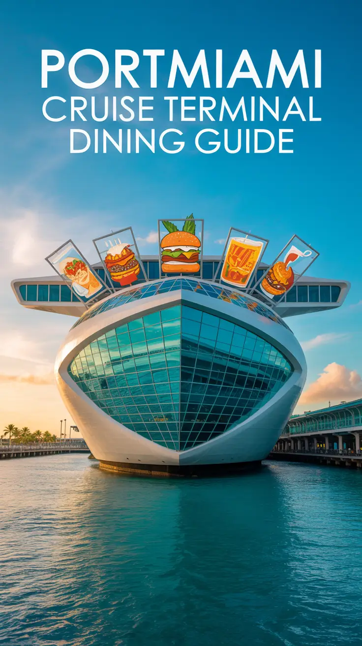 Stylized travel poster of PortMiami Cruise Terminal with modern architecture, ocean reflections, sunset backdrop, and integrated dining icons.