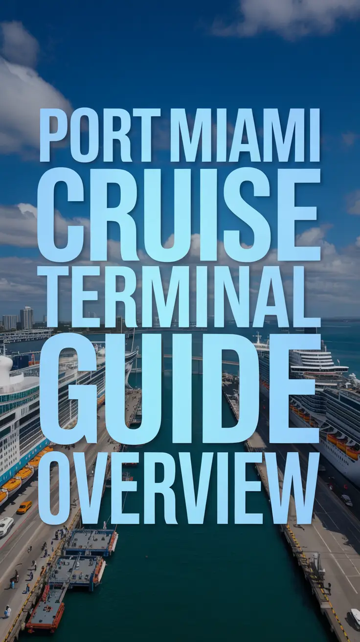 A panoramic aerial view of PortMiami cruise terminal with docked ships, passengers boarding, and modern nautical-themed text under a bright blue sky.