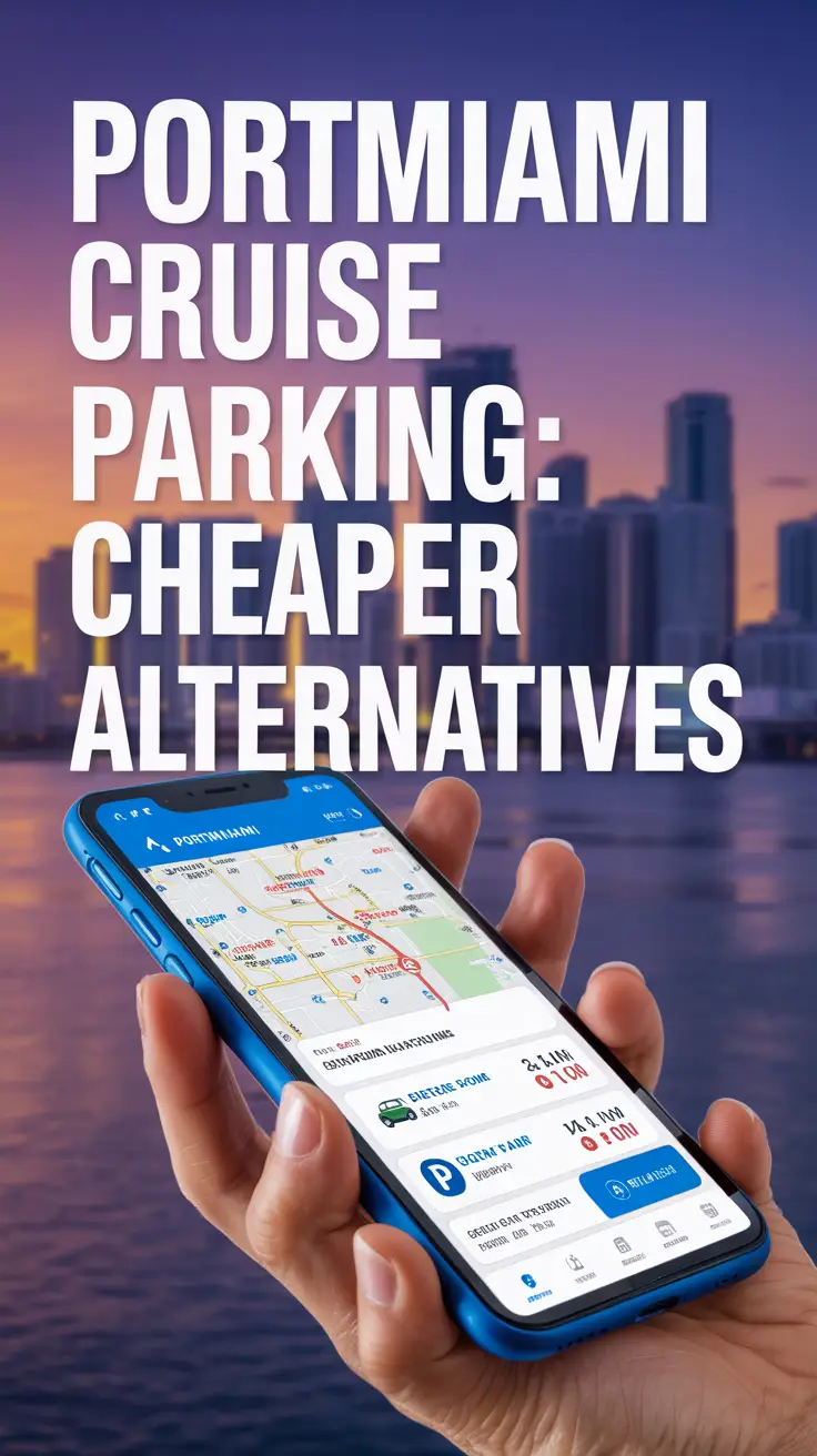 A vibrant blue smartphone displays a parking map near PortMiami with price comparisons, set against a sunset skyline to promote affordable cruise parking options.