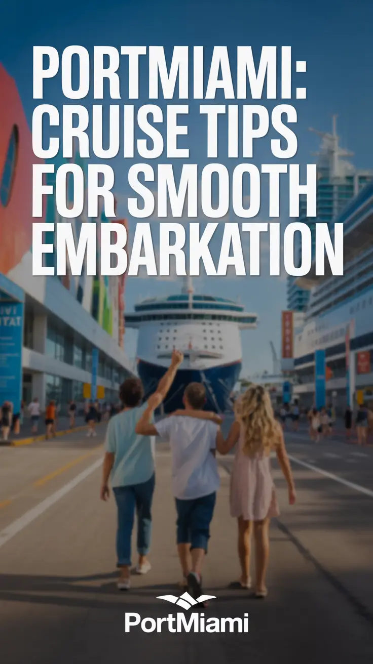 A diverse family of four excitedly walks toward a cruise ship terminal at PortMiami in warm afternoon light, surrounded by modern architecture and vibrant signage, capturing the joyful anticipation of travel.