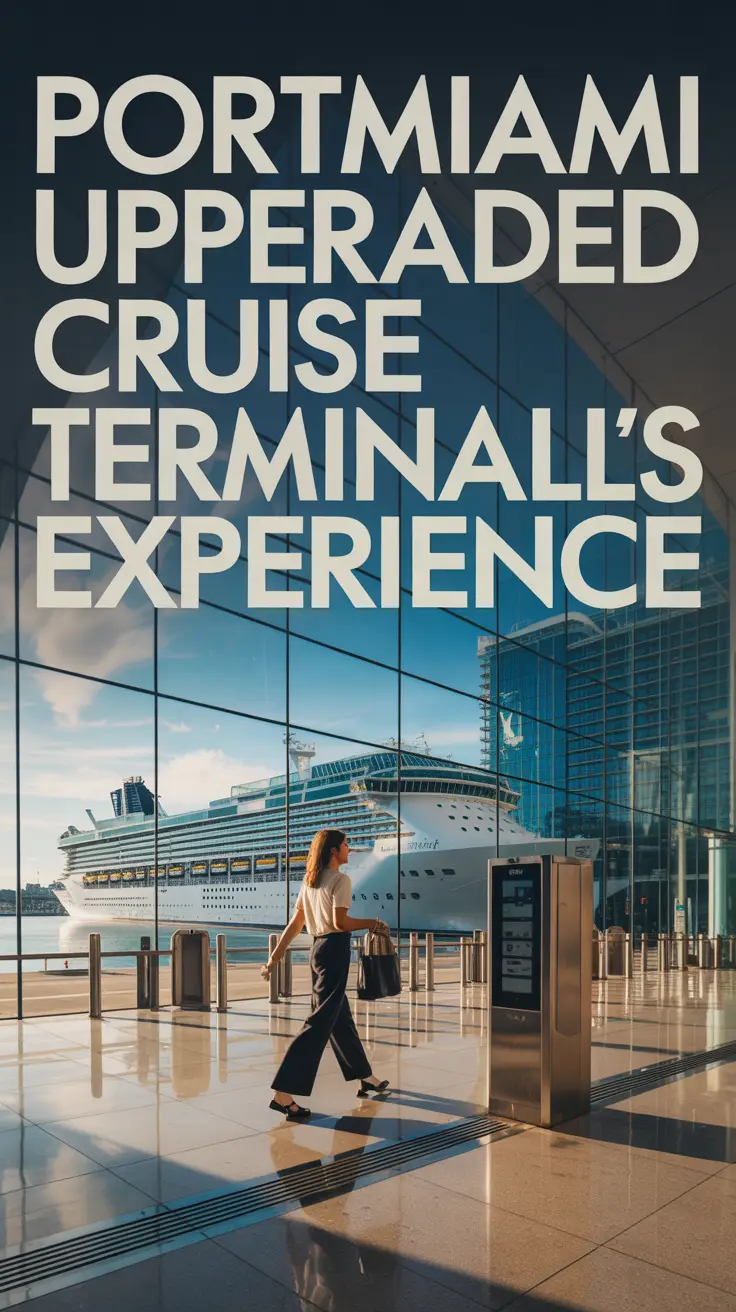 A modern cruise terminal at PortMiami with sleek glass architecture, luxury ships in the background, and a passenger moving efficiently through automated security under natural and warm lighting.