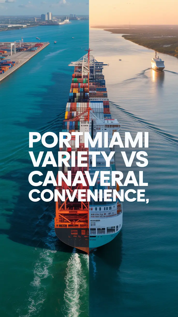 Split-screen comparison of PortMiami's vibrant cargo operations and Canaveral's serene cruise experience, highlighting variety versus convenience in a stylized, golden hour setting.
