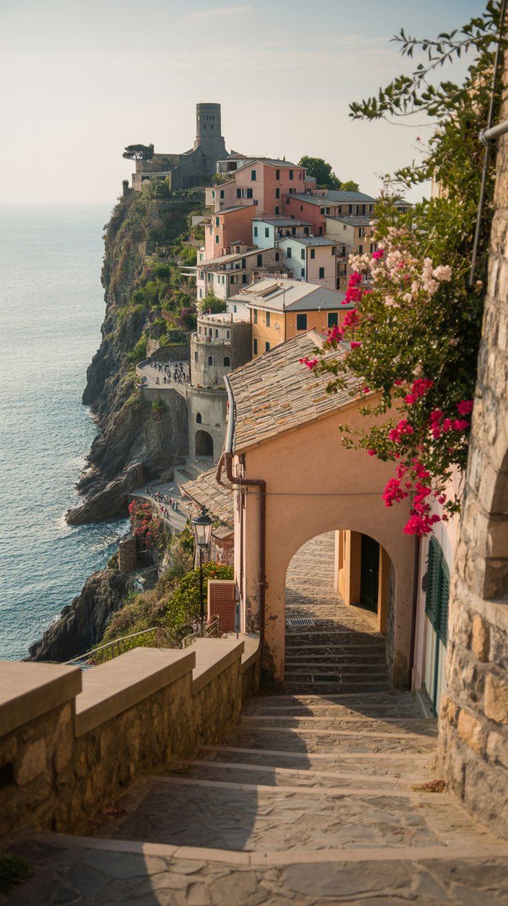 A photograph captures a quaint Italian village nestled along a dramatic coastline, evoking the charm of "Cinque Terre’s cooler, less crowded cousin". The focal point is a stone archway leading into a narrow, winding medieval alleyway, sunlight dappling the cobblestones. A weathered seaside castle perches atop a nearby cliff overlooking turquoise waters, while in the distance, the entrance to the legendary Grotto Byron is visible, hinting at its hidden beauty. Soft, diffused sunlight illuminates the scene, creating a warm and inviting atmosphere, with a subtle sea breeze implied through the gentle sway of vibrant bougainvillea spilling over the archway.