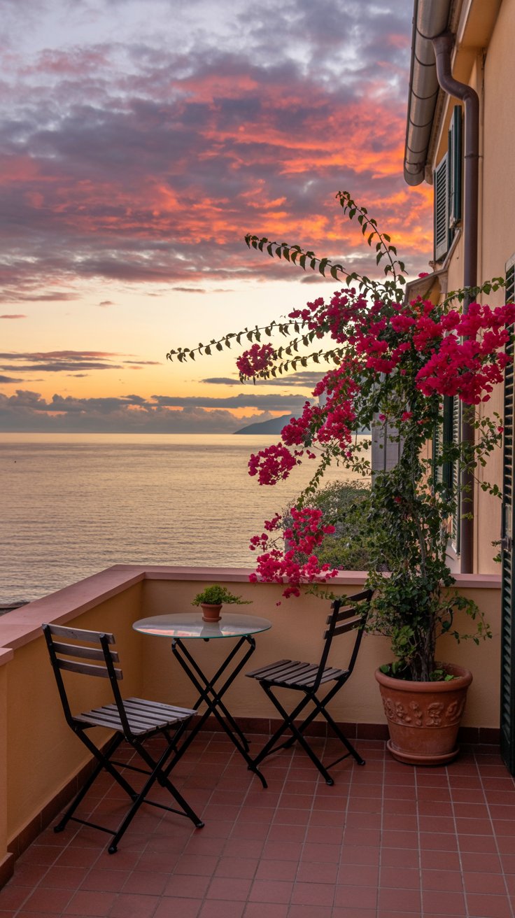 Private Balcony from a Local Guesthouse in Cinque Terre at sunset