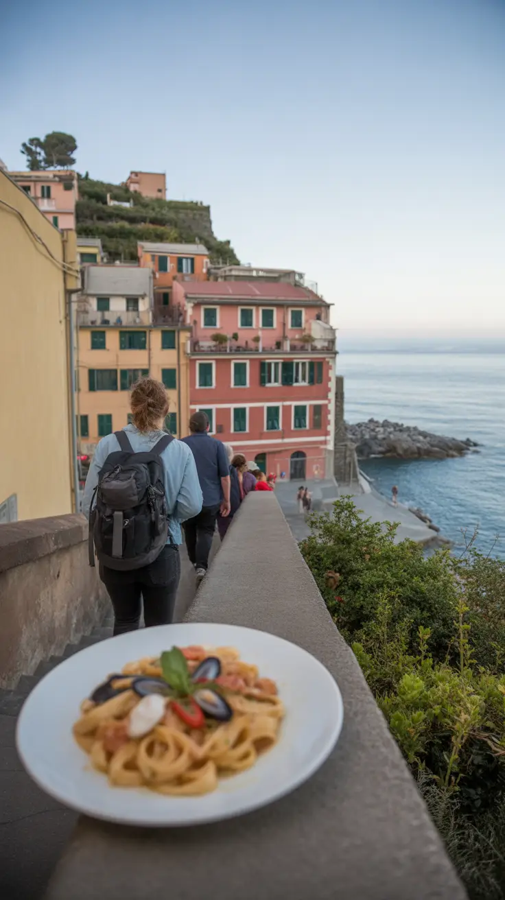 Cinque Terre’s Hidden Villages Revealed — bold white text in thick lettering on a dark box overlay, set atop a realistic collage of vibrant images showcasing undiscovered coastal villages in Cinque Terre.