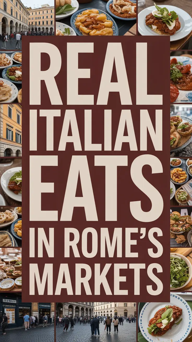Bold white text reading "Real Italian Eats in Rome’s Markets" over a dark box, surrounded by a vibrant collage of realistic Italian market food imagery.