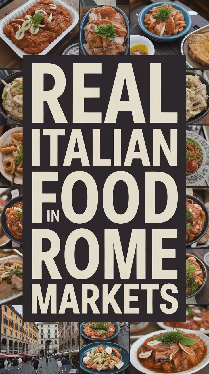 Real Italian Food in Rome Markets displayed with bold white text in a dark box over a vibrant collage of colorful market scenes.