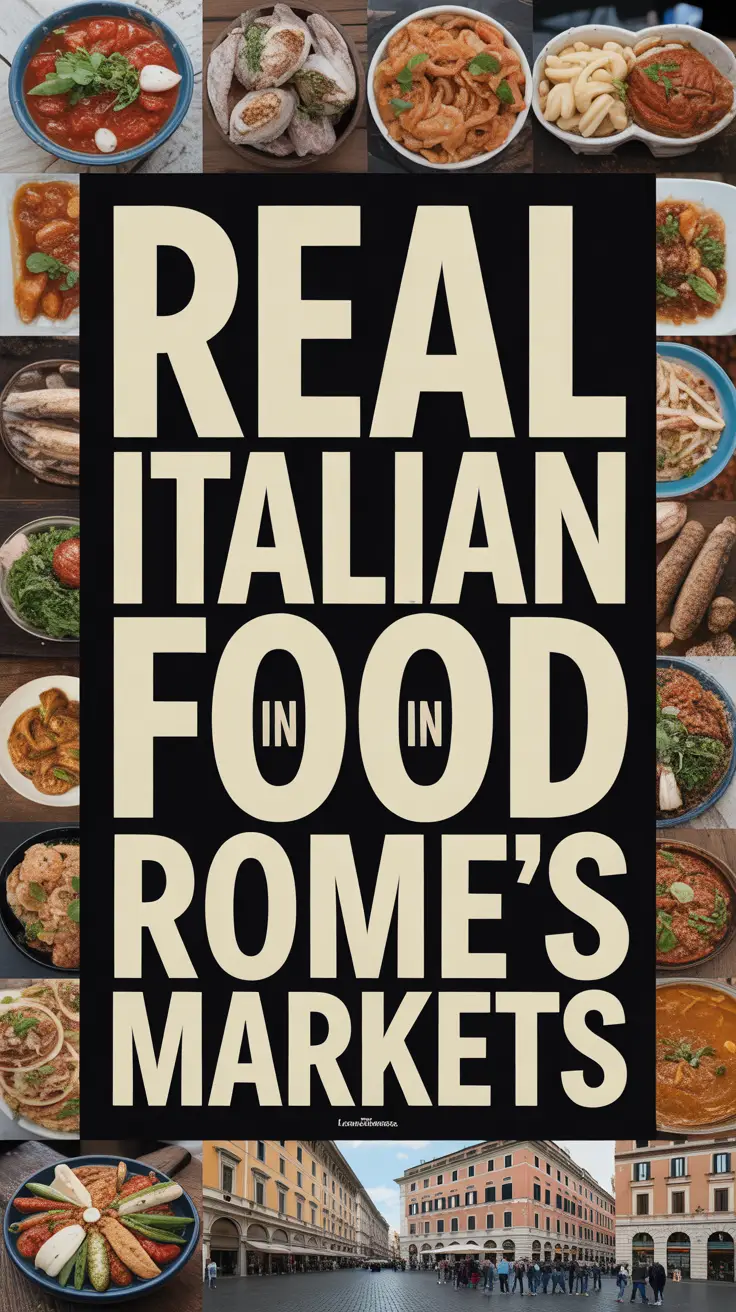 Real Italian food showcased in a vibrant market collage with bold white text overlay on a dark box.