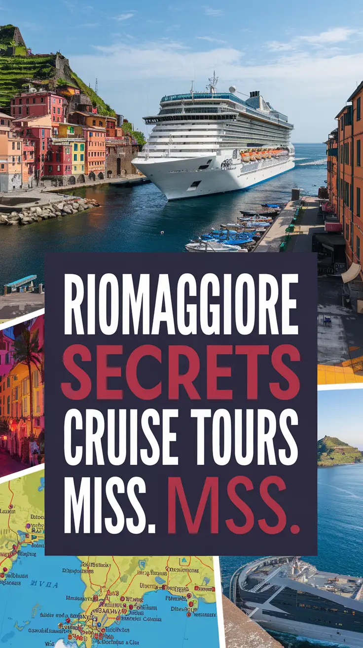 A photo of a cruise ship departing the port of Riomaggiore in Cinque Terre, Italy, with the town's colorful buildings in the background. In the foreground, there is a large dark-colored box with bold white text reading "Riomaggiore Secrets Cruise Tours Miss." The design includes a collage of vibrant images such as a map of Cinque Terre, a photo of the town, and an image of a cruise ship.