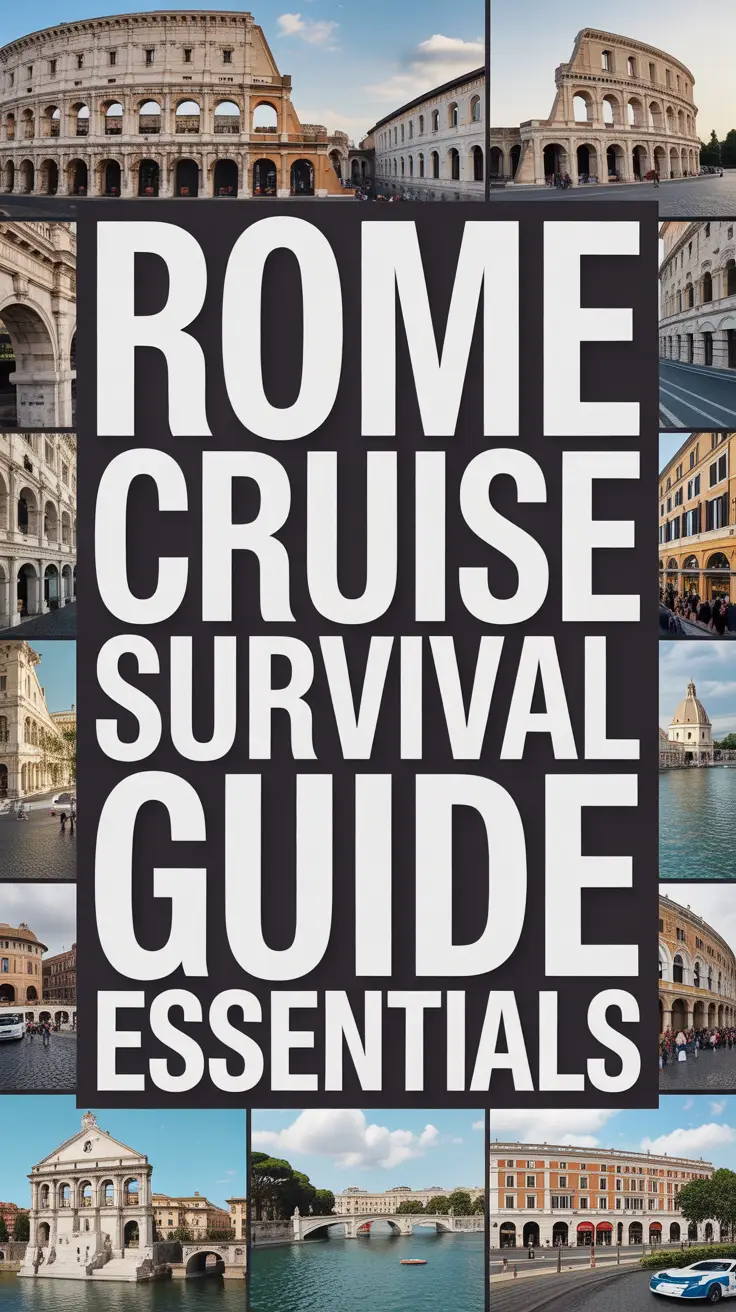 Big text overlay reading "Rome Cruise Survival Guide Essentials" in bold white font on a dark box, surrounded by a vibrant collage of realistic travel images.