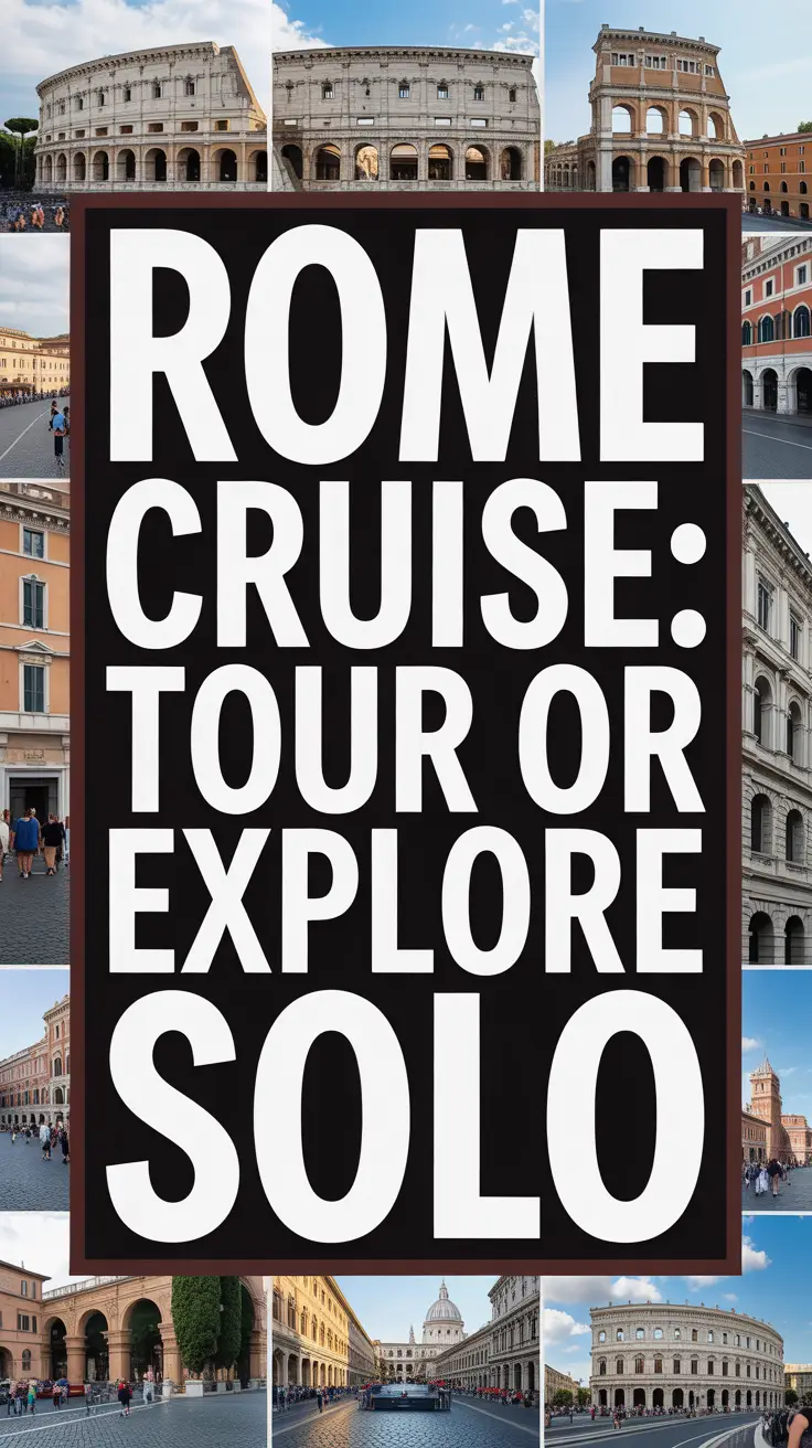 Bold white text reading "Rome Cruise: Tour or Explore Solo" stands out in a dark box over a vibrant collage of realistic travel images.