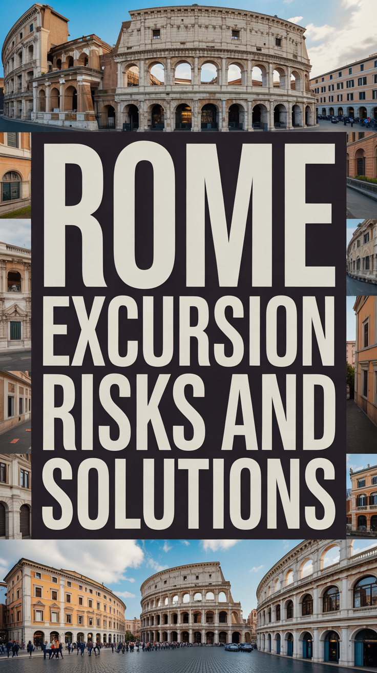 Bold white text stating "Rome Excursion Risks and Solutions" stands out in a dark box, surrounded by a vibrant collage of travel-themed images.