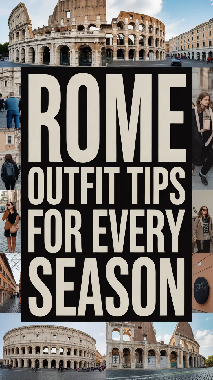 Rome Outfit Tips for Every Season in bold white text over a dark box, surrounded by a vibrant collage of seasonal fashion imagery.