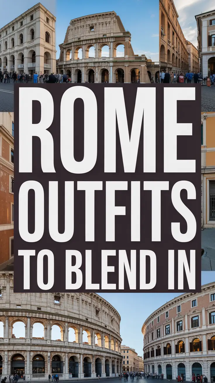 Bold white text overlay reading "Rome Outfits to Blend In" displayed in a dark box, surrounded by a vibrant collage of realistic images.
